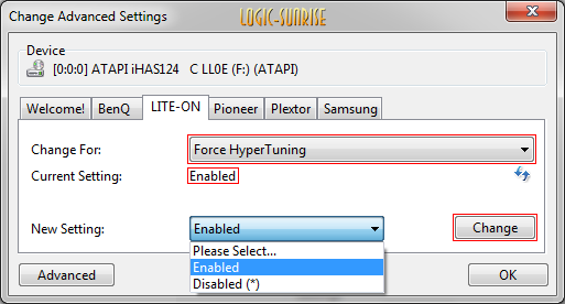 Réglage Force HyperTuning sur Enabled dans un graveur Lite-On iHas