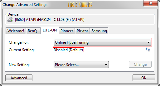 Réglage Online HyperTuning sur Disabled pour un graveur Lite-On iHas