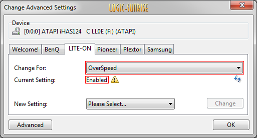 Réglage Overspeed sur Enabled ou Disabled dans ImgBurn Lite-On iHas