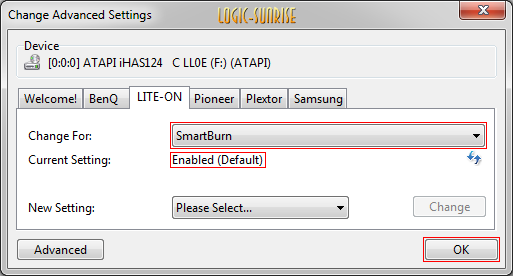 Réglage SmartBurn sur Enabled pour graveur Lite-On iHas