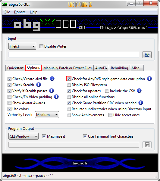 Réglages de l'onglet Options dans ABGX360 pour préparer une gravure Xbox 360
