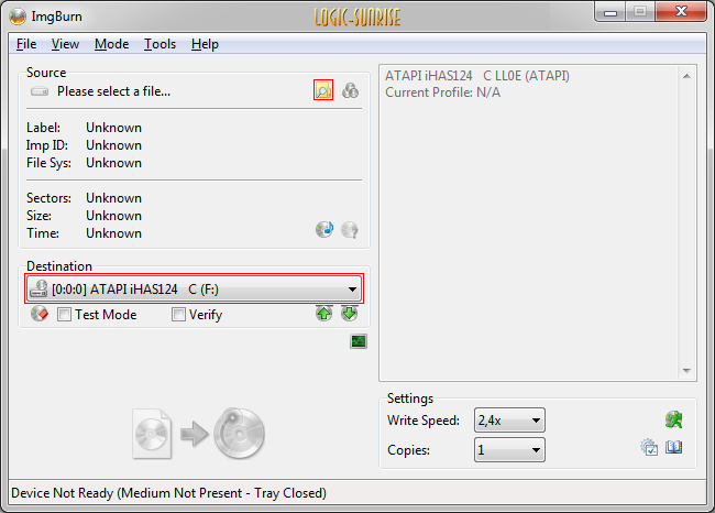 Sélection du graveur et du fichier DVD dans ImgBurn pour Xbox 360