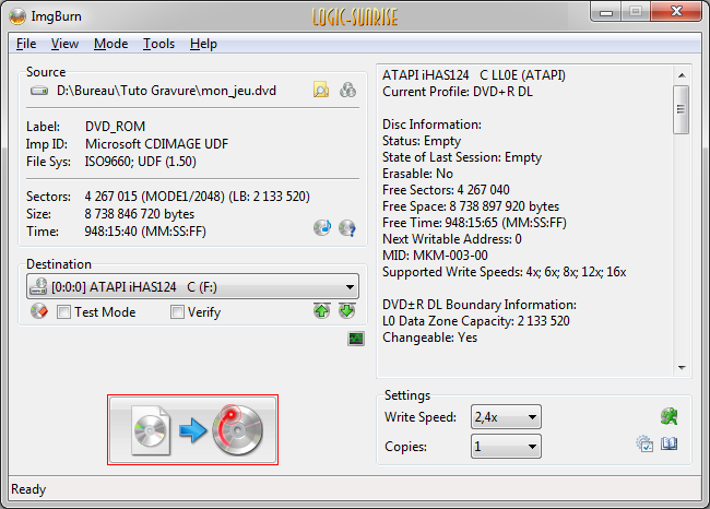 Bouton graver dans ImgBurn pour lancer la gravure du jeu Xbox 360