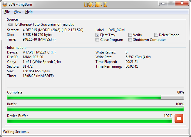 Progression finale de la gravure d'un jeu Xbox 360 dans ImgBurn