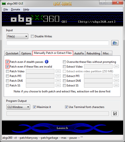 Onglet Manually Patch or Extract Files dans ABGX360 pour patcher une ISO Xbox 360