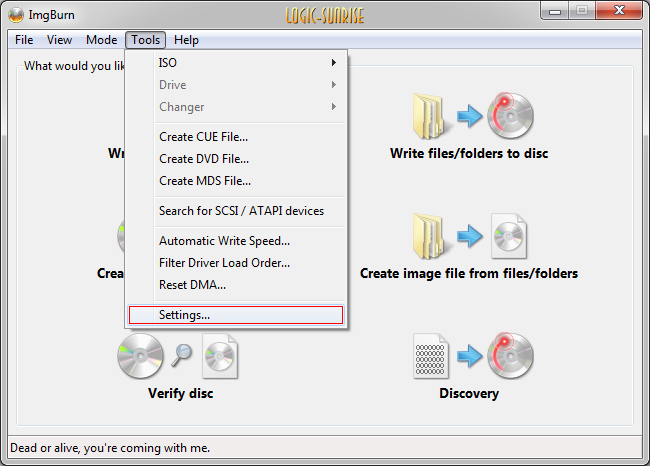 Ouverture des options ImgBurn pour préparer une gravure Xbox 360