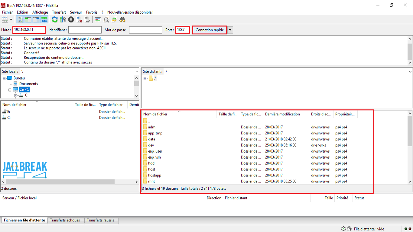 Connexion FTP réussie entre FileZilla et une PS4 GoldHEN