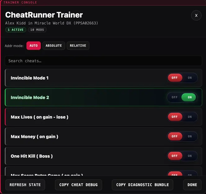 Activation des cheats ON OFF dans CheatRunner avec le bouton Done