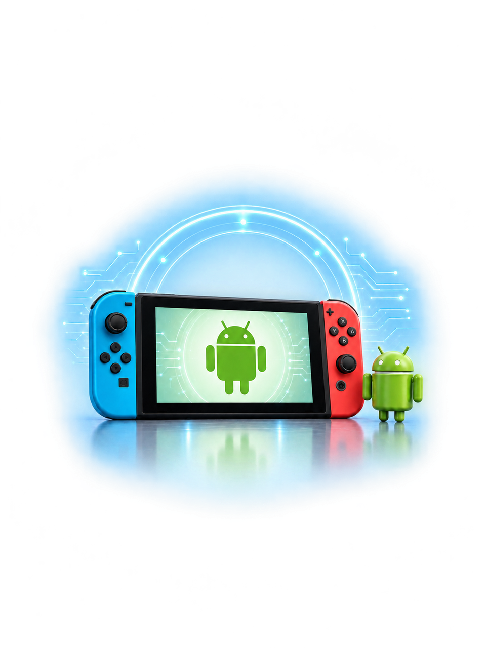 Nintendo Switch avec Android, halo bleu et mascotte Android