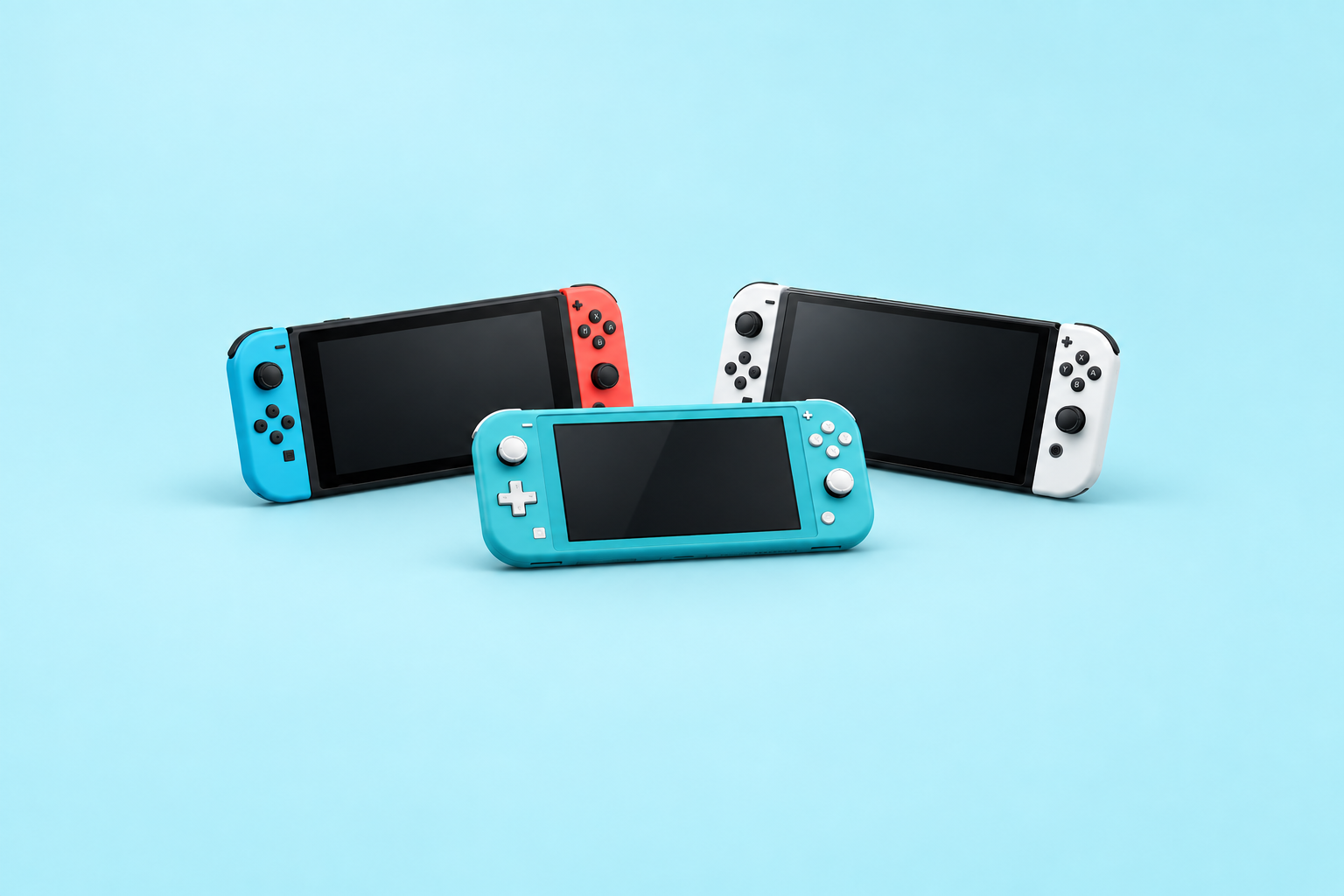 Nintendo Switch classique, Lite et OLED sur fond cyan clair