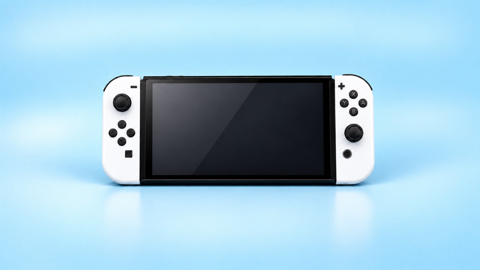 Nintendo Switch OLED seule, sans dock, sur fond bleu pastel