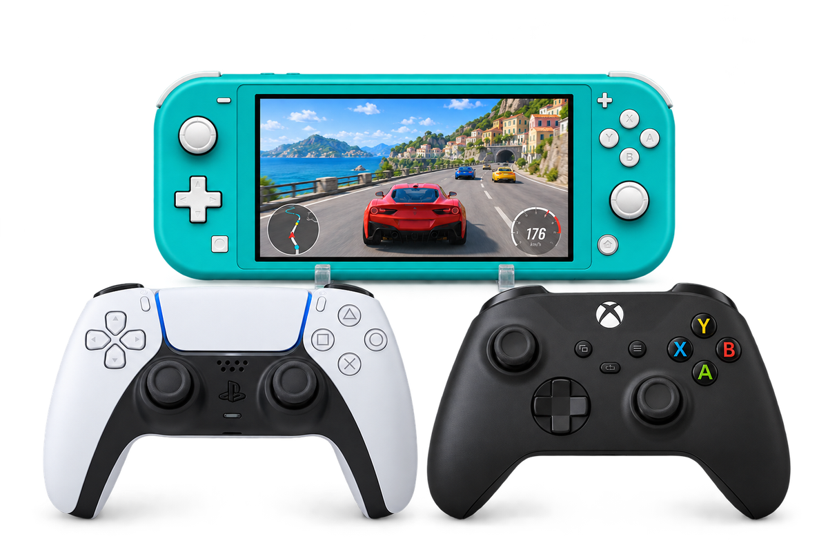 Nintendo Switch Lite accompagnée de manettes PS5 et Xbox