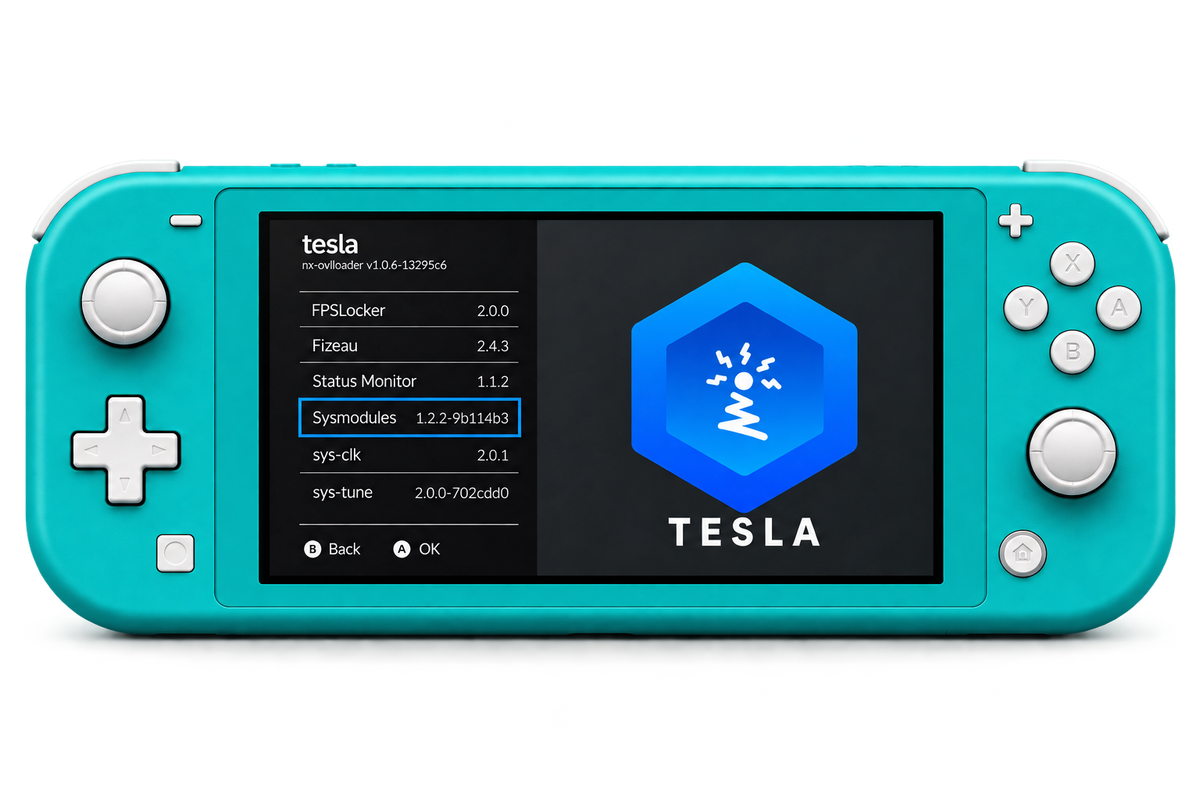 Nintendo Switch Lite turquoise affichant le menu Tesla