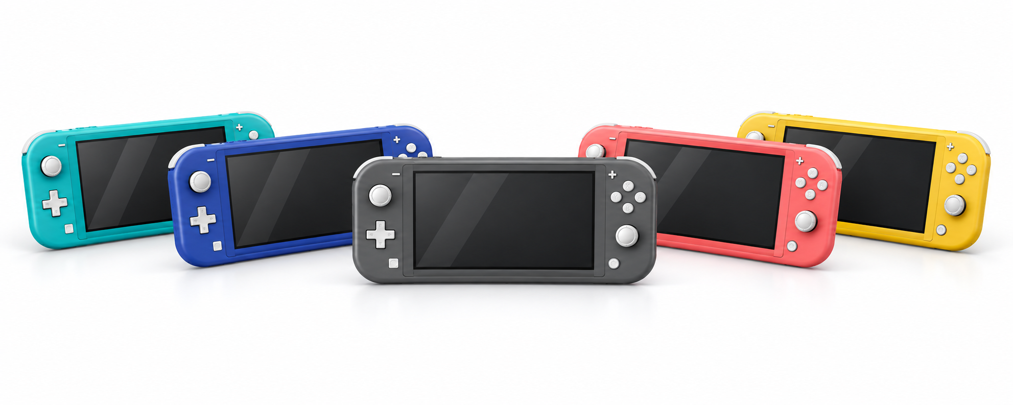 Les cinq couleurs de Nintendo Switch Lite : turquoise, bleu, gris, corail et jaune