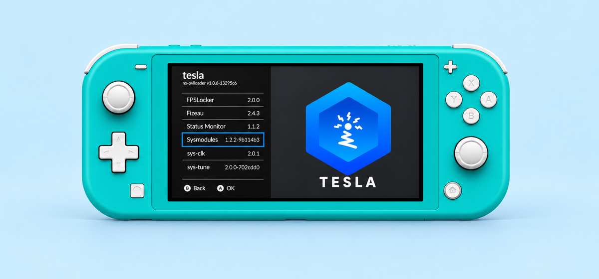 Nintendo Switch Lite turquoise affichant le menu Tesla