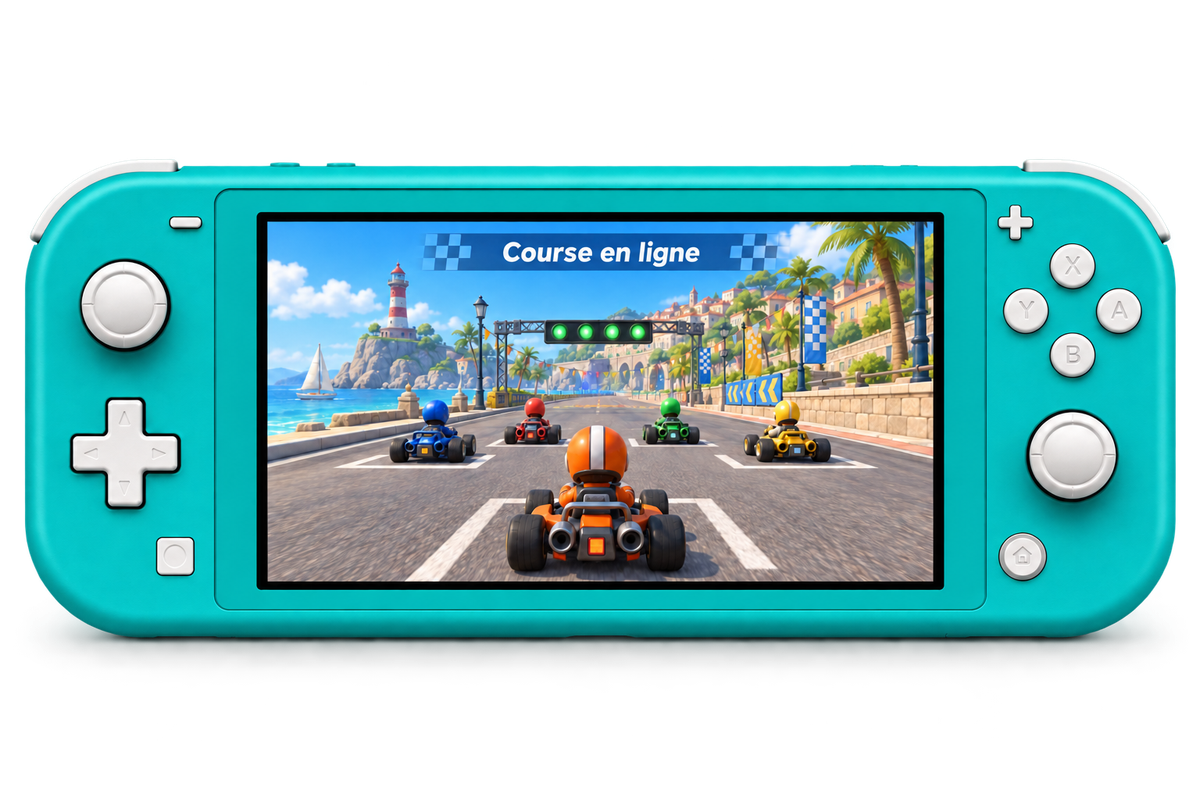 Nintendo Switch Lite affichant une course multijoueur illustrative