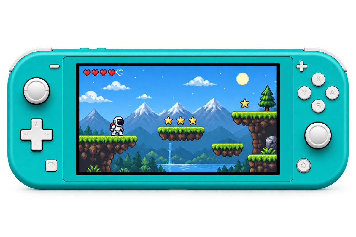 Nintendo Switch Lite affichant un jeu de plateforme rétro illustratif