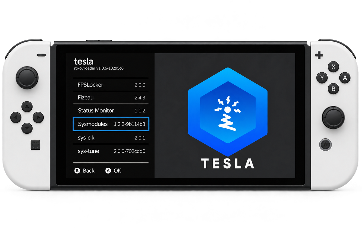 Nintendo Switch blanche affichant le menu Tesla