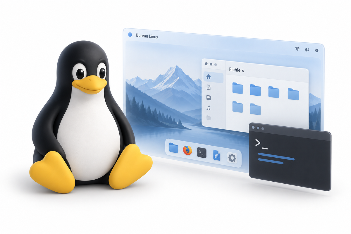 Tux accompagné d’un bureau, de dossiers et d’un terminal illustrés