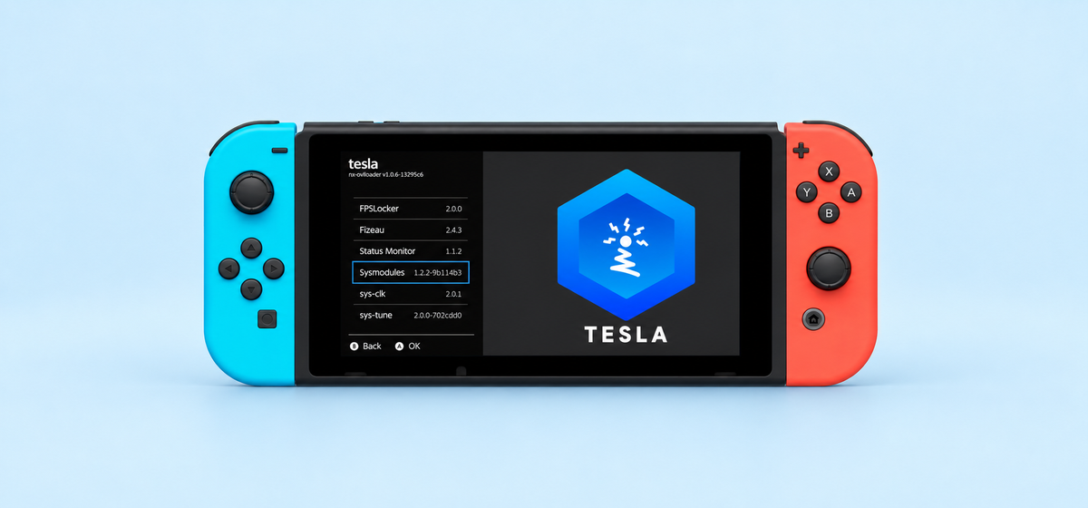 Nintendo Switch avec Joy-Con bleu et rouge affichant le menu Tesla