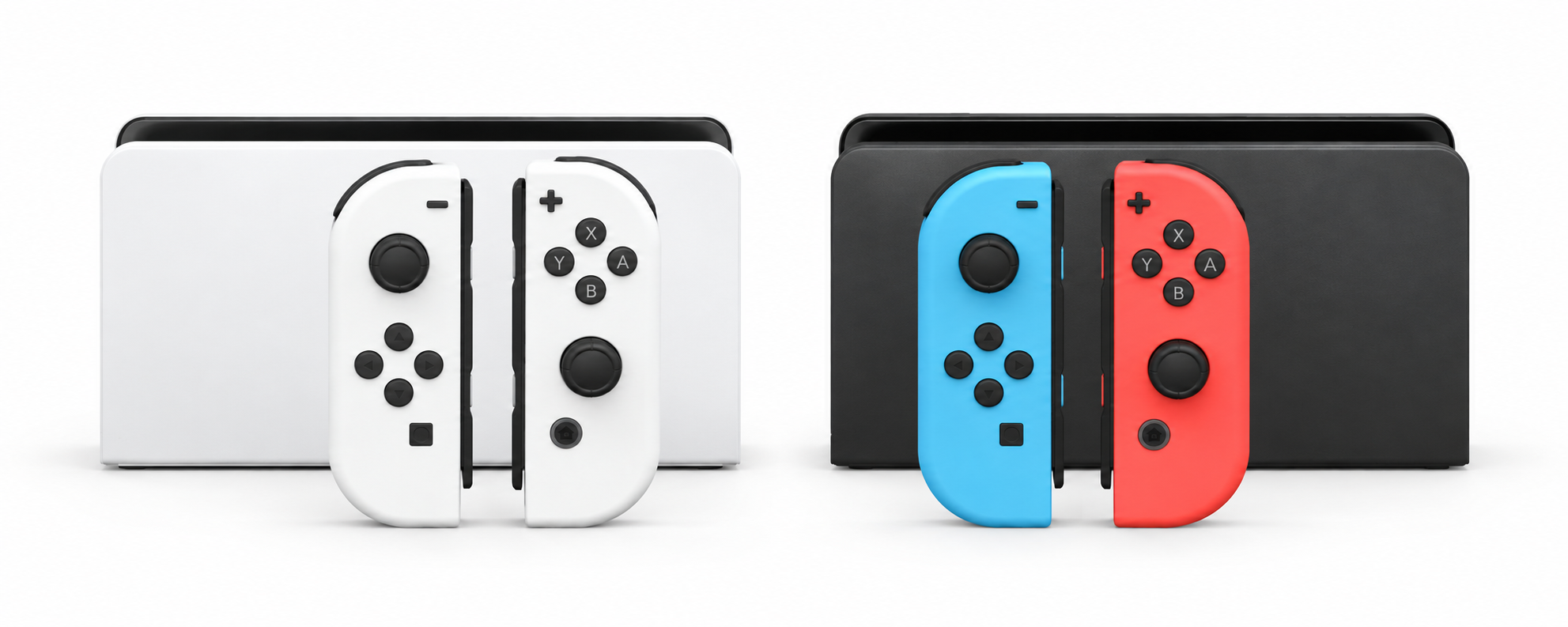 Joy-Con blancs avec dock blanc et Joy-Con bleu et rouge avec dock noir