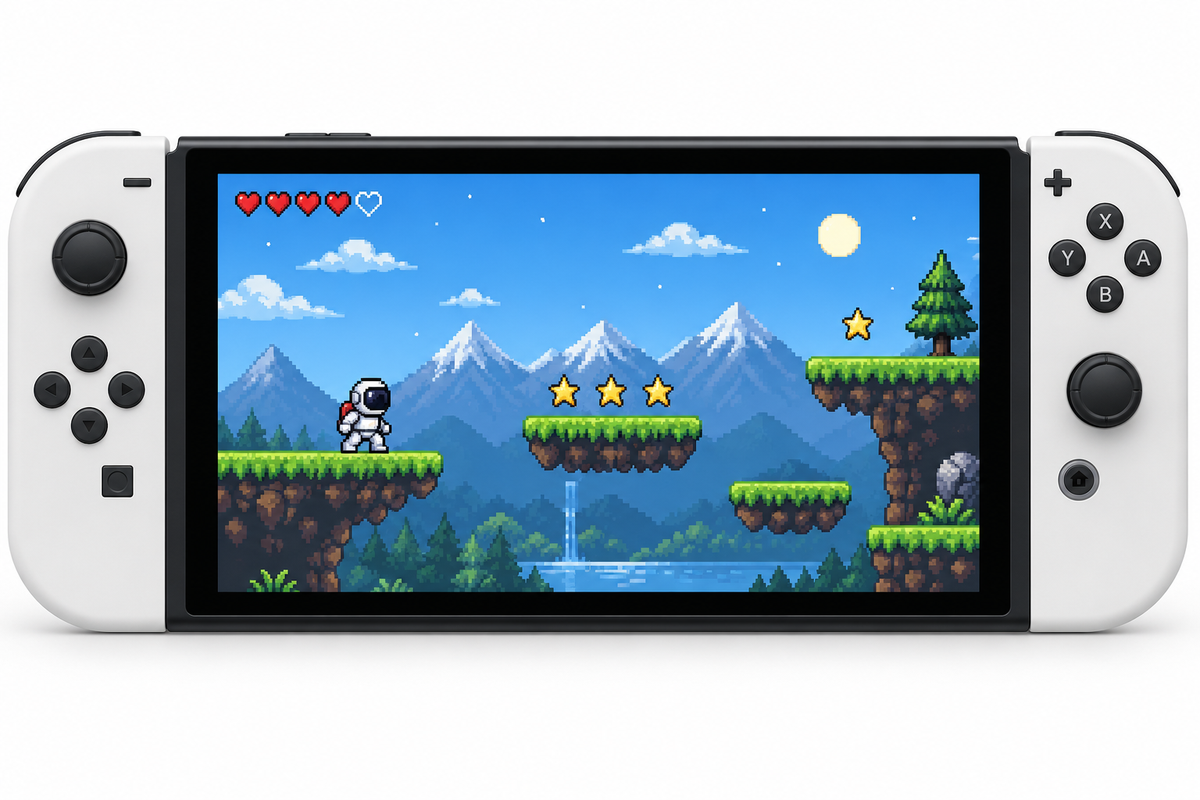 Switch affichant un jeu de plateforme rétro illustratif