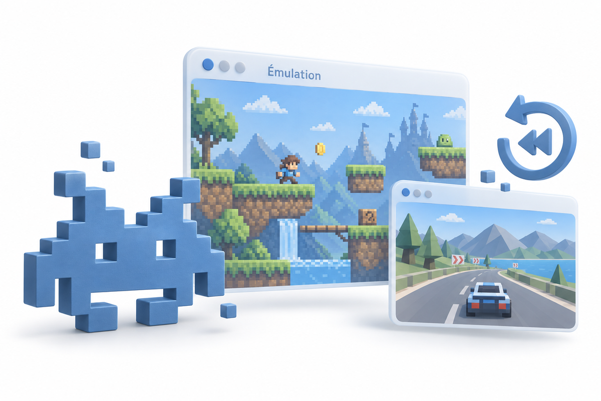 Univers de jeux rétro illustré en pixels et en trois dimensions