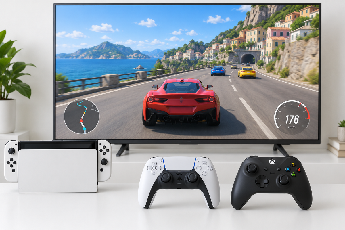 Switch dans son dock, télévision et manettes PS5 et Xbox