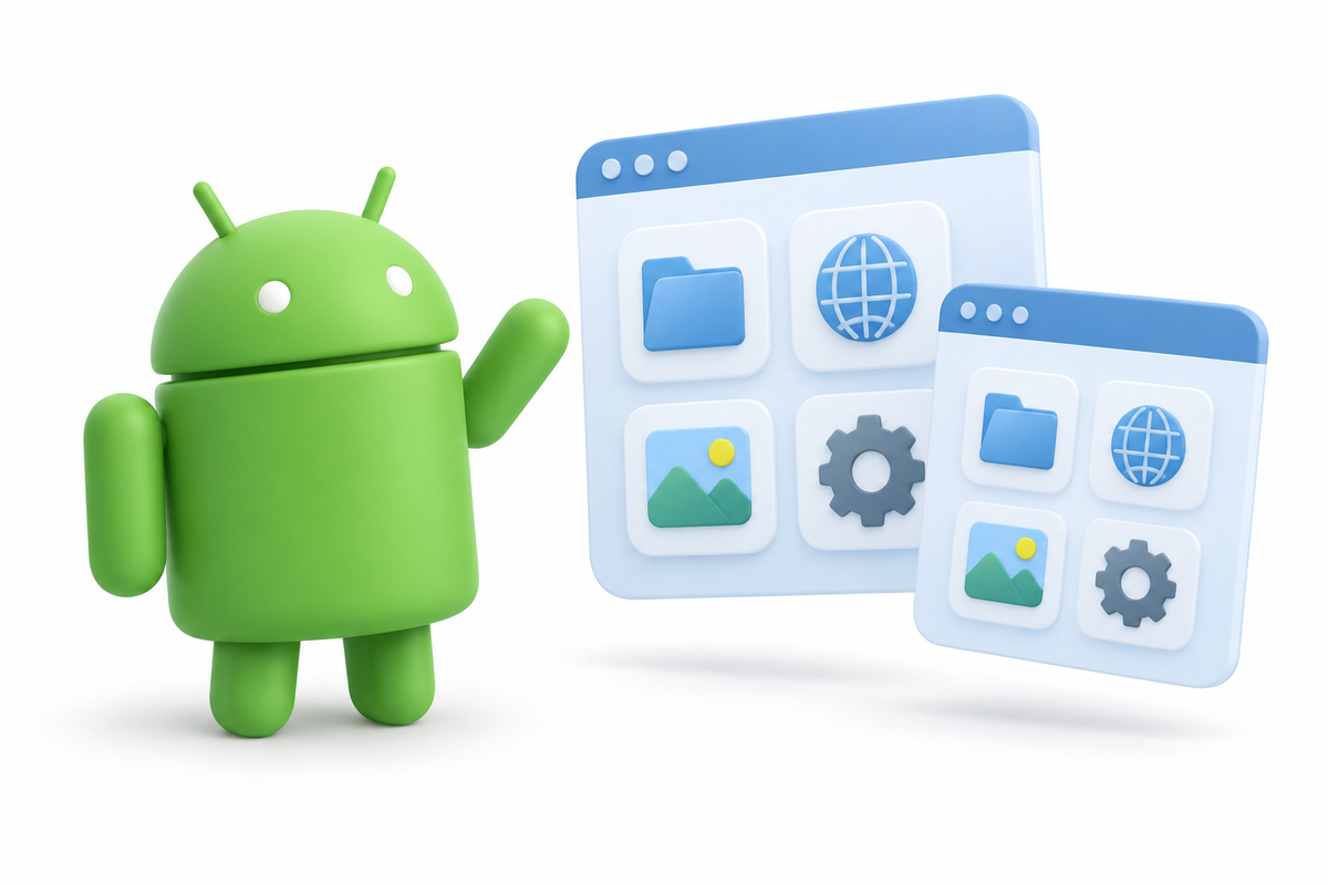 Mascotte Android et panneaux illustrant les fichiers, le navigateur et les applications
