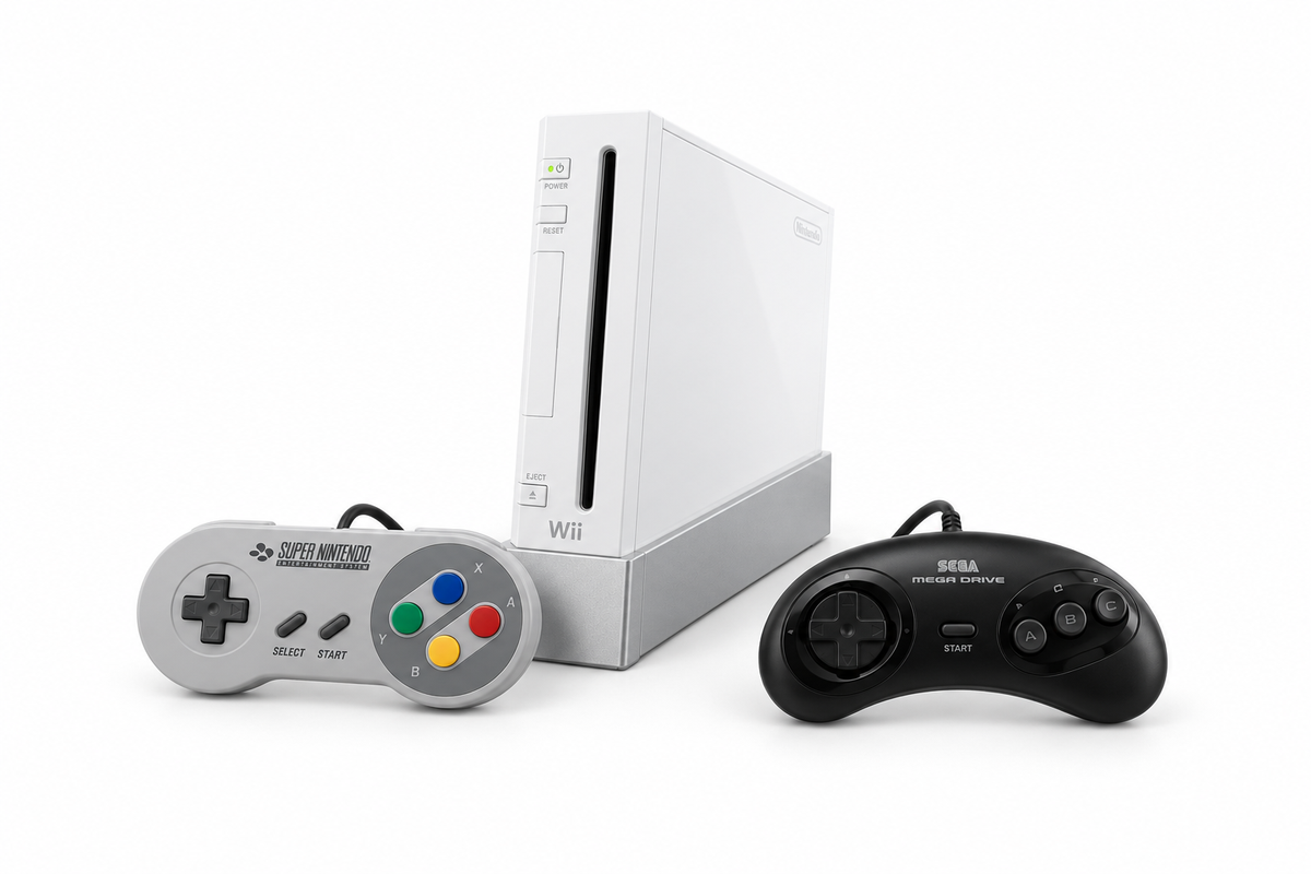Console Wii avec des manettes Super Nintendo et Mega Drive