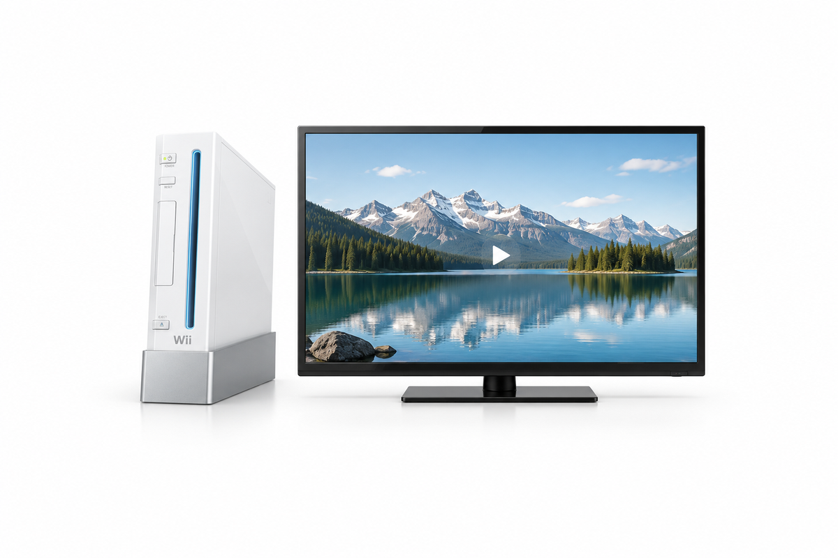 Console Wii et téléviseur affichant une vidéo de paysage