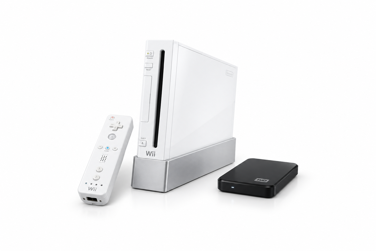 Console Wii avec une Wiimote et un disque dur USB