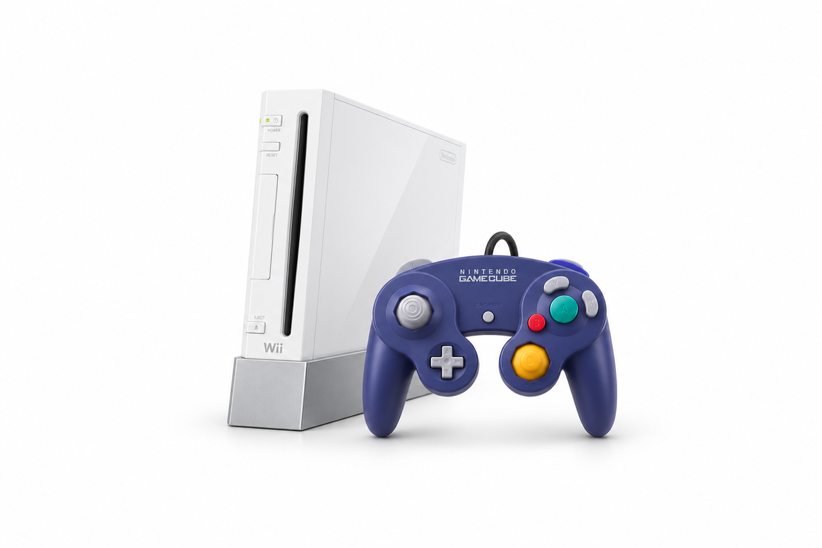 Console Wii accompagnée d’une manette GameCube