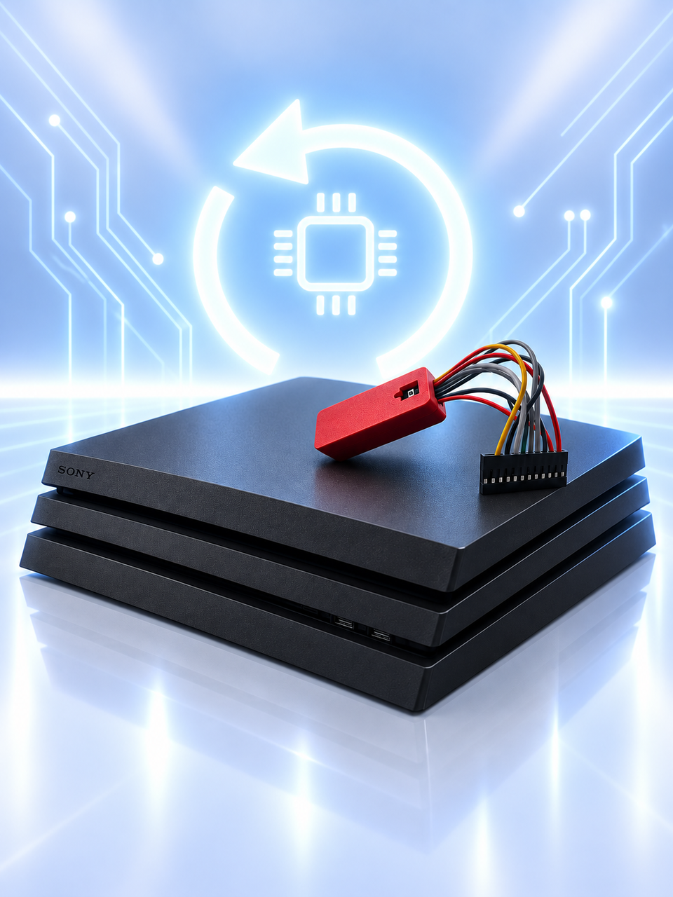 Console PS4 Pro reliée à un programmateur pour revenir au firmware précédent